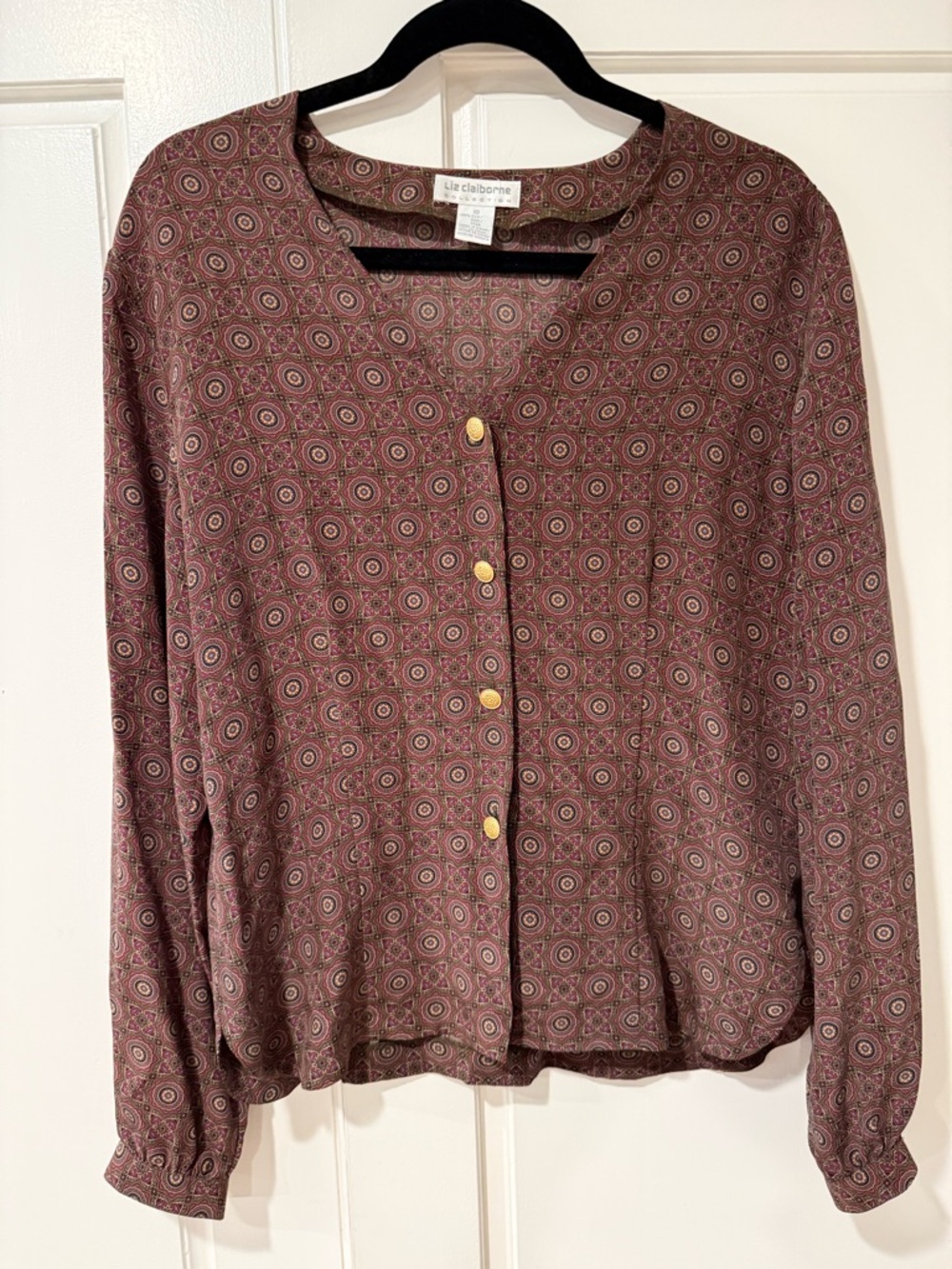 Liz Claiborne Silk Paisley Blouse in Mauve and Gold-Tone Accents
